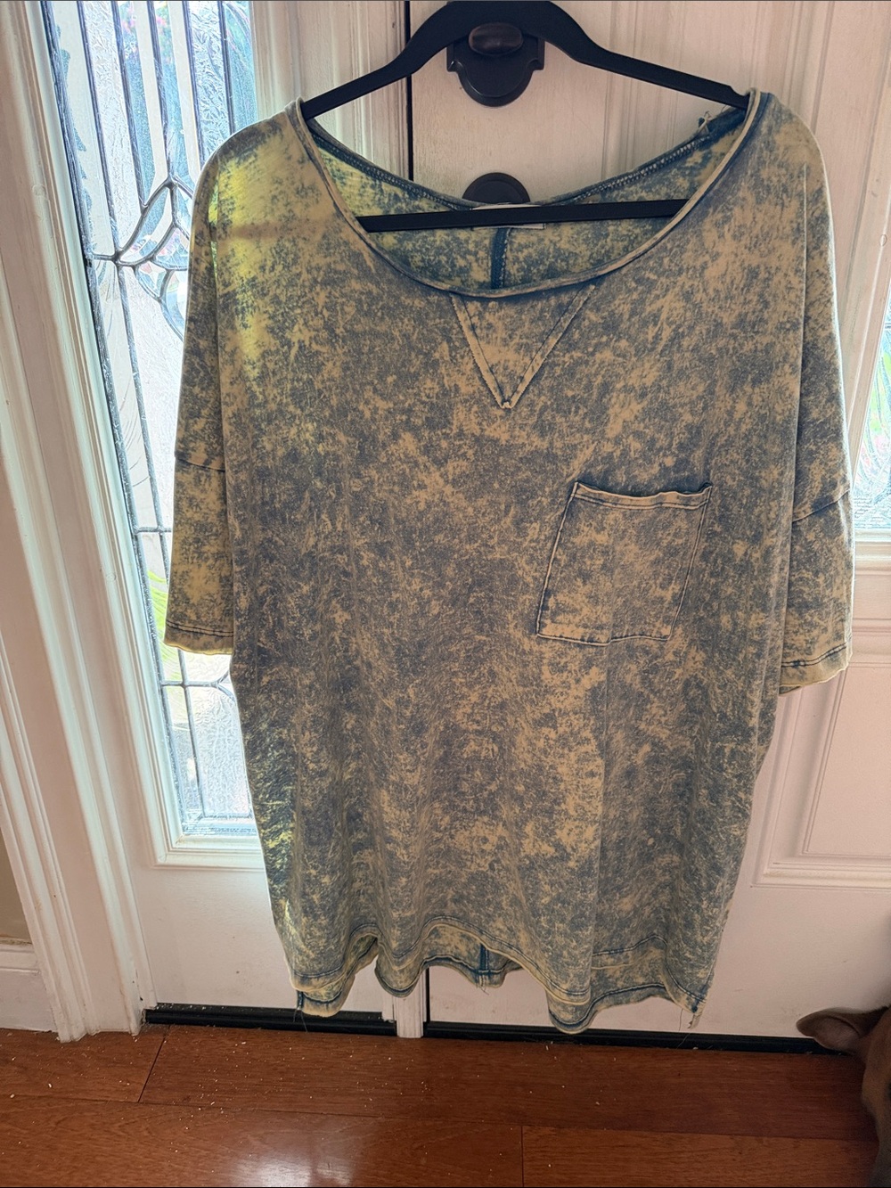 Zenana Outfitters Acid Wash Short Sleeve Pocket Tee in Faded Green and Yellow